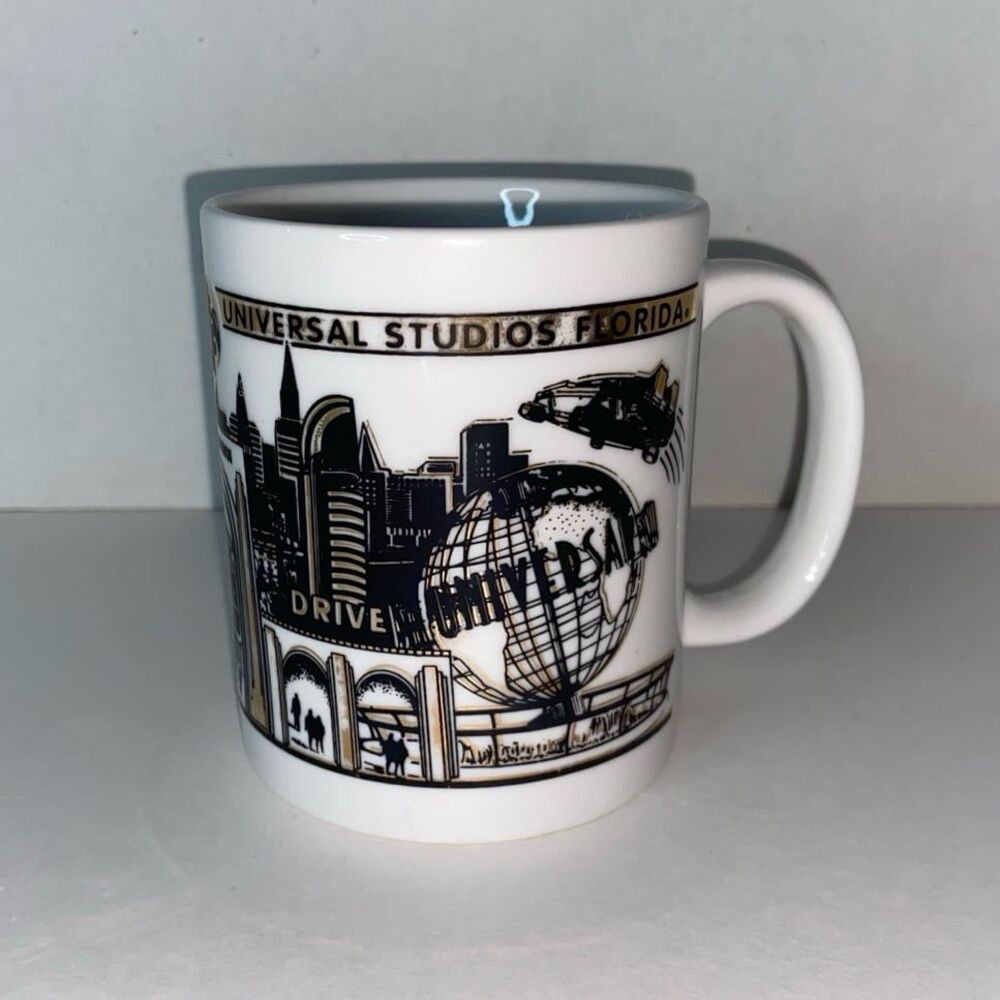 90s Universal Studios Florida Collectors Mug Cup White 22k Gold Metallic Design